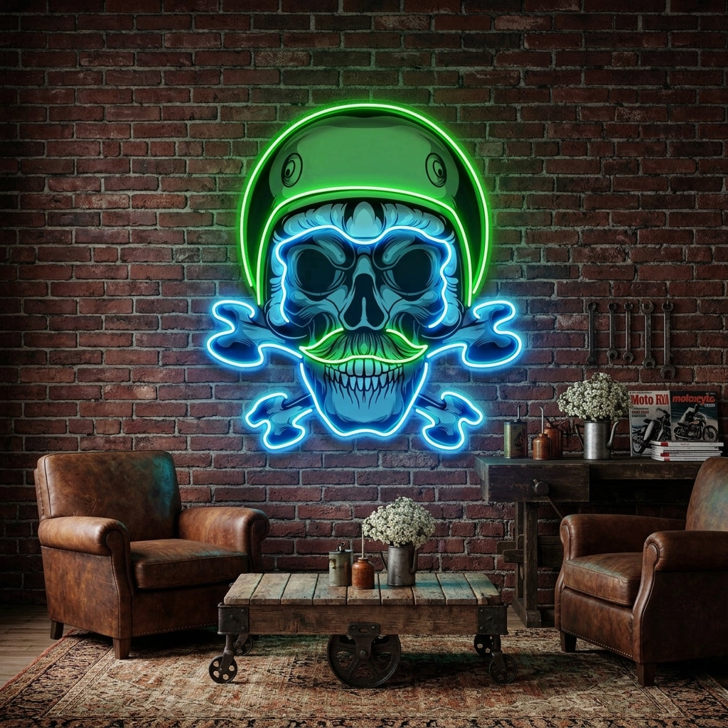 Green Biker Skull LED Neon Sign Light Pop Art