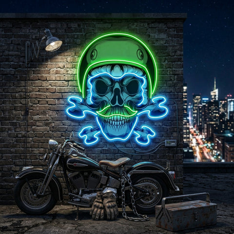 Green Biker Skull LED Neon Sign Light Pop Art