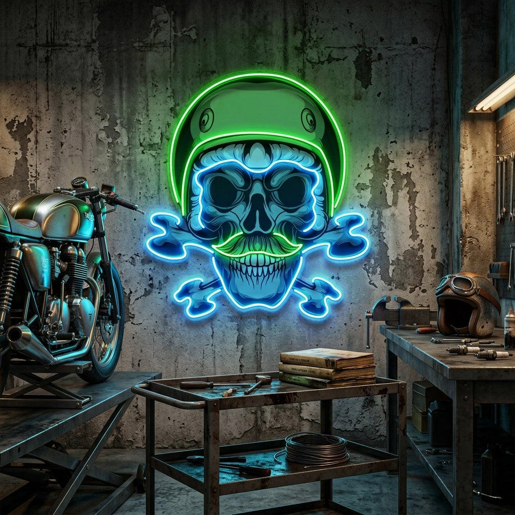 Green Biker Skull LED Neon Sign Light Pop Art