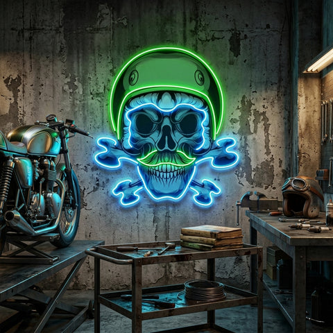 Green Biker Skull LED Neon Sign Light Pop Art