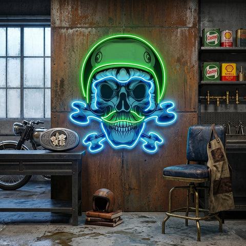 Green Biker Skull LED Neon Sign Light Pop Art