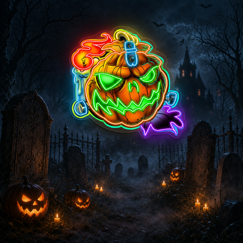 Spooky Pumpkin LED Neon Sign – Halloween Wall Decor with Glowing Green Flames