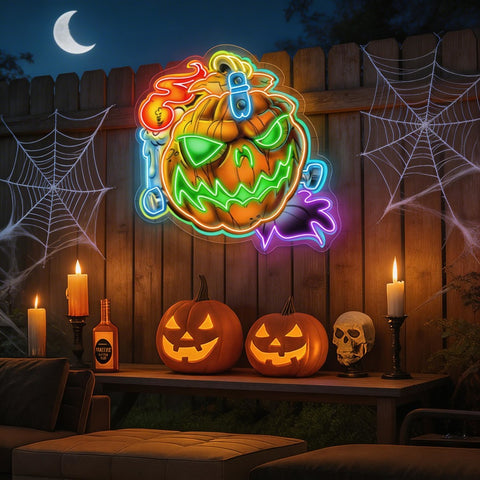 Spooky Pumpkin LED Neon Sign – Halloween Wall Decor with Glowing Green Flames