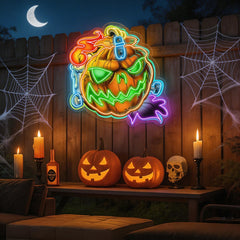 Spooky Pumpkin LED Neon Sign – Halloween Wall Decor with Glowing Green Flames