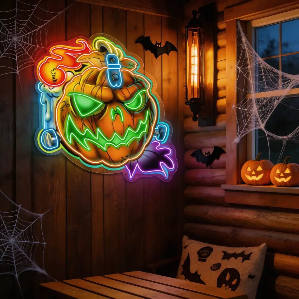Spooky Pumpkin LED Neon Sign – Halloween Wall Decor with Glowing Green Flames