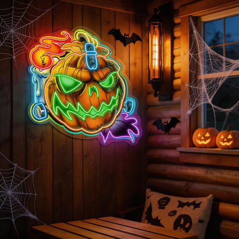 Spooky Pumpkin LED Neon Sign – Halloween Wall Decor with Glowing Green Flames