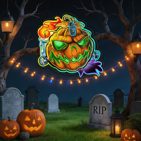 Spooky Pumpkin LED Neon Sign – Halloween Wall Decor with Glowing Green Flames