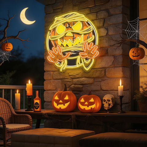Spooky Mummy Pumpkin LED Neon Sign – Halloween Wall Decor for Indoor Parties