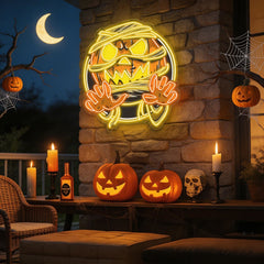 Spooky Mummy Pumpkin LED Neon Sign – Halloween Wall Decor for Indoor Parties