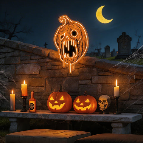Spooky Dripping Pumpkin LED Neon Sign – Halloween Wall Decor for Haunted Vibes