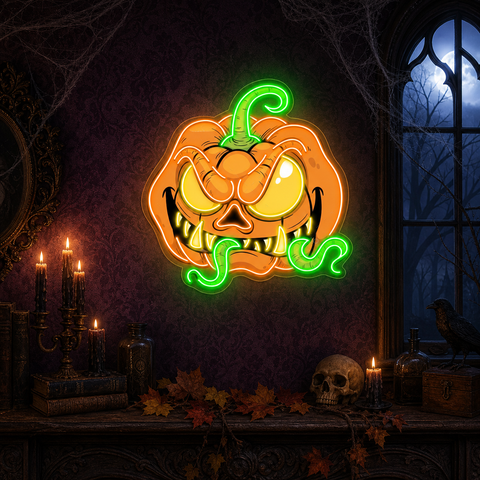 Creepy Crawly Pumpkin LED Neon Sign – Halloween Wall Decor with Glowing Worms