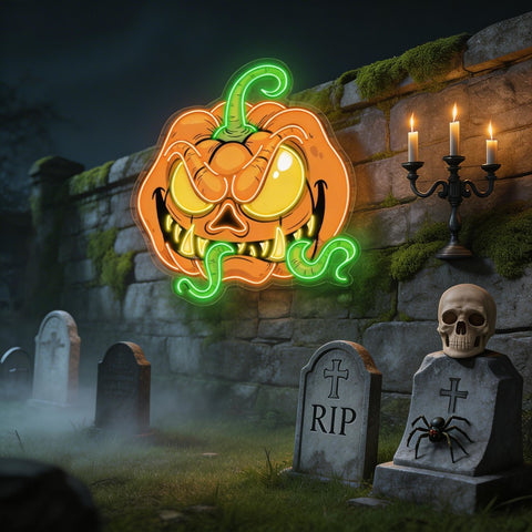 Creepy Crawly Pumpkin LED Neon Sign – Halloween Wall Decor with Glowing Worms