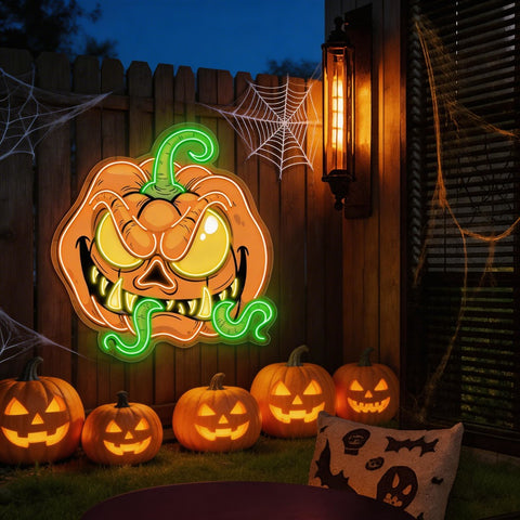 Creepy Crawly Pumpkin LED Neon Sign – Halloween Wall Decor with Glowing Worms