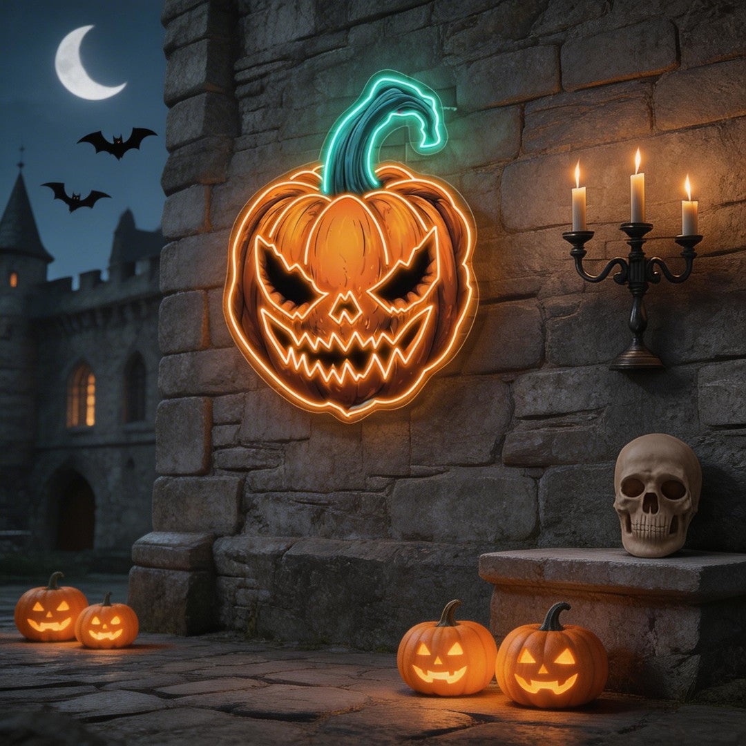 Terrifying Halloween Pumpkin Neon Sign – Spooky LED Wall Light for Home, Bar & Party Decor