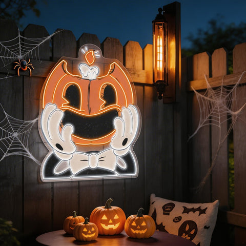 Smiling Pumpkin Face Neon Sign – Retro Halloween Wall Light for Spooky Home Decor