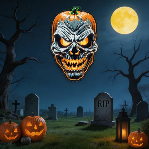 Terrifying Pumpkin Skull LED Neon Sign – Spooky Halloween Wall Decor