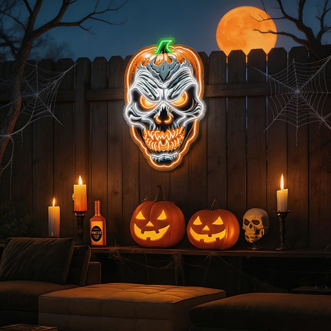 Terrifying Pumpkin Skull LED Neon Sign – Spooky Halloween Wall Decor