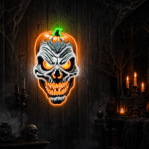 Terrifying Pumpkin Skull LED Neon Sign – Spooky Halloween Wall Decor