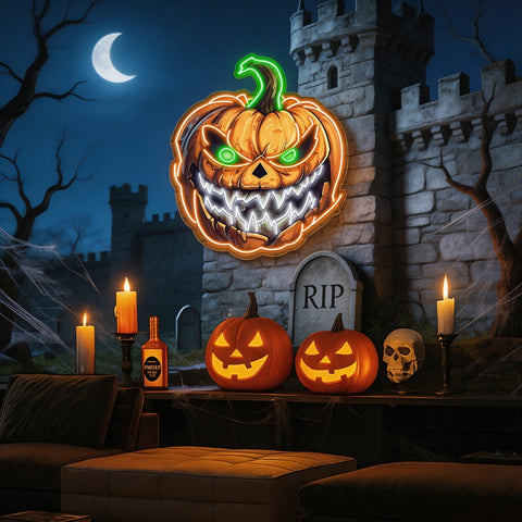 Evil Grin Jack-O'-Lantern Neon Sign – Scary Pumpkin LED Light for Halloween Decor