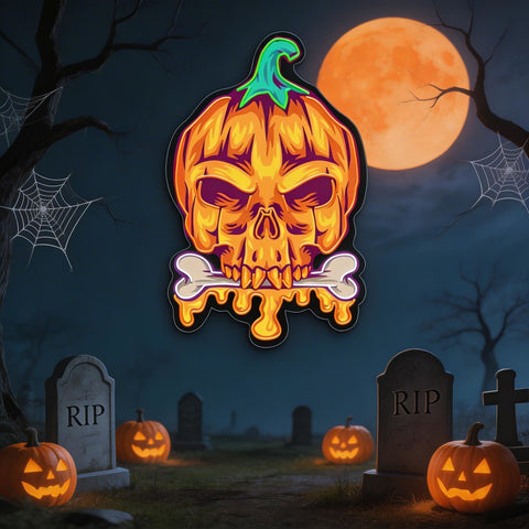 Halloween Pumpkin Skull Neon Sign – Spooky LED Wall Light for Haunted House & Party Decor