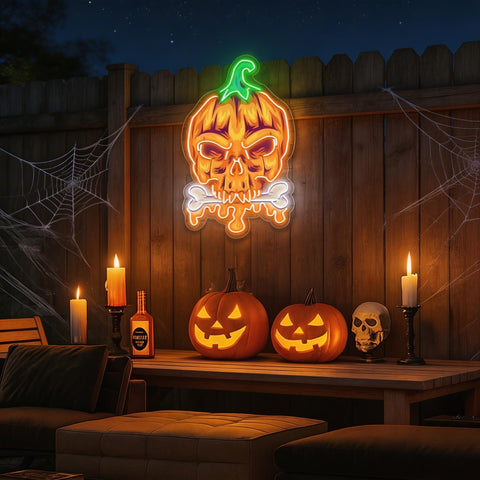 Halloween Pumpkin Skull Neon Sign – Spooky LED Wall Light for Haunted House & Party Decor