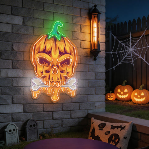 Halloween Pumpkin Skull Neon Sign – Spooky LED Wall Light for Haunted House & Party Decor