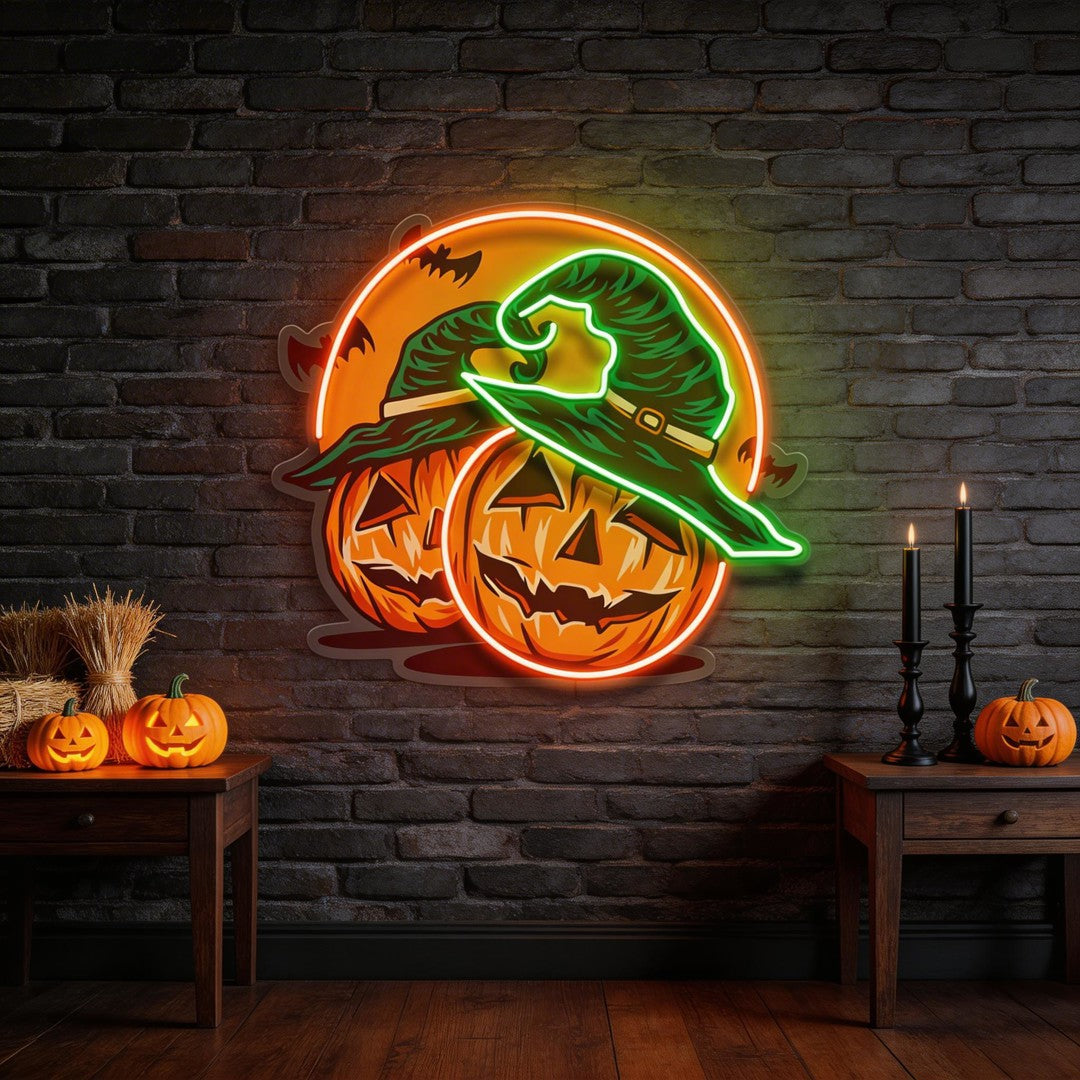 Halloween Pumpkin And Red Moon Artwork Led Neon Sign Light