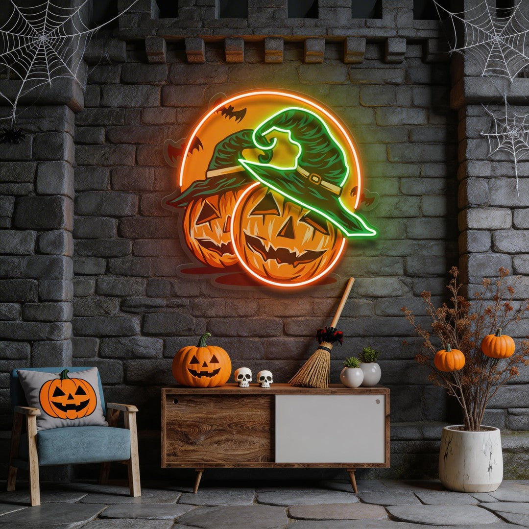 Halloween Pumpkin And Red Moon Artwork Led Neon Sign Light