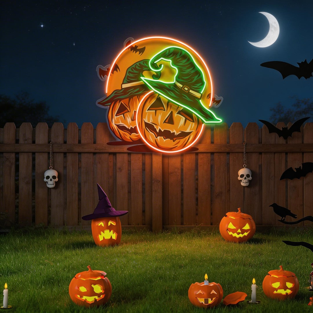 Halloween Pumpkin And Red Moon Artwork Led Neon Sign Light