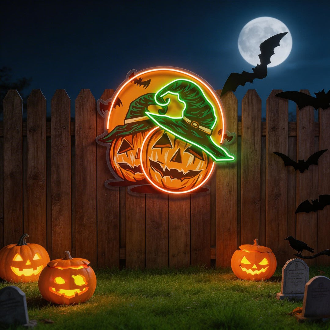 Halloween Pumpkin And Red Moon Artwork Led Neon Sign Light
