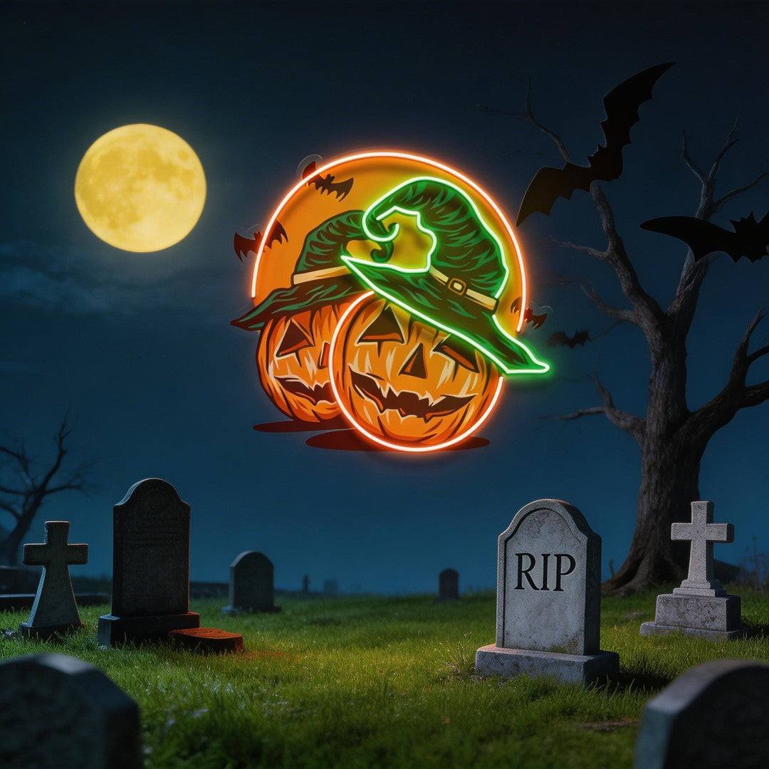 Halloween Pumpkin And Red Moon Artwork Led Neon Sign Light
