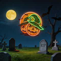 Halloween Pumpkin And Red Moon Artwork Led Neon Sign Light