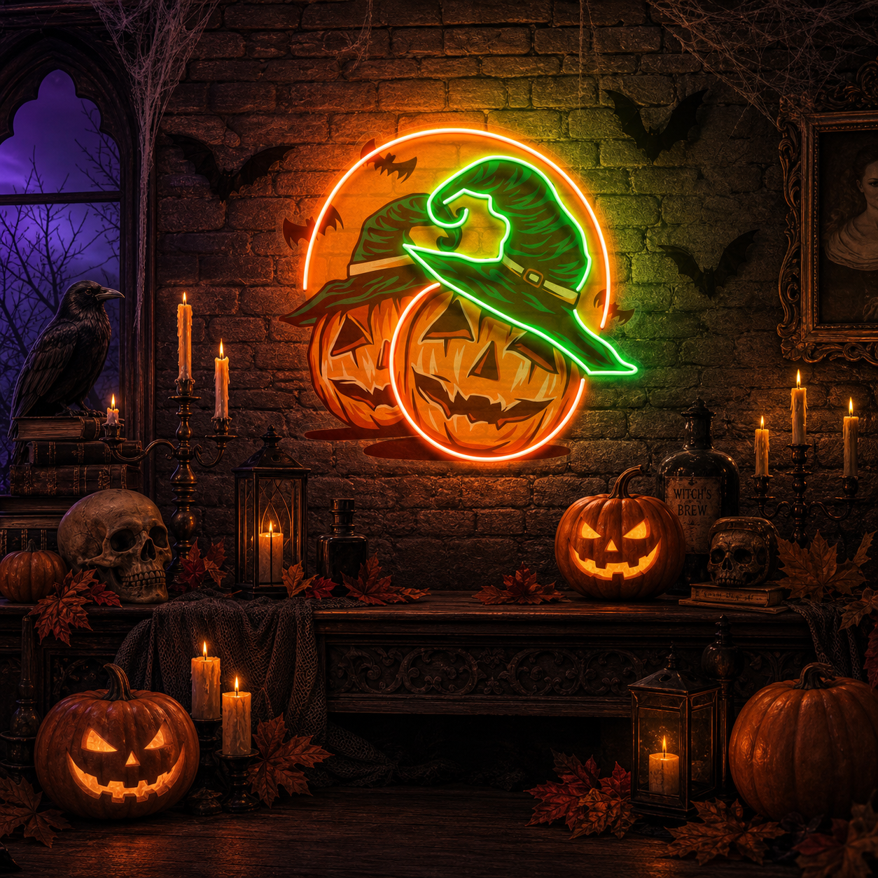 Halloween Pumpkin And Red Moon Artwork Led Neon Sign Light