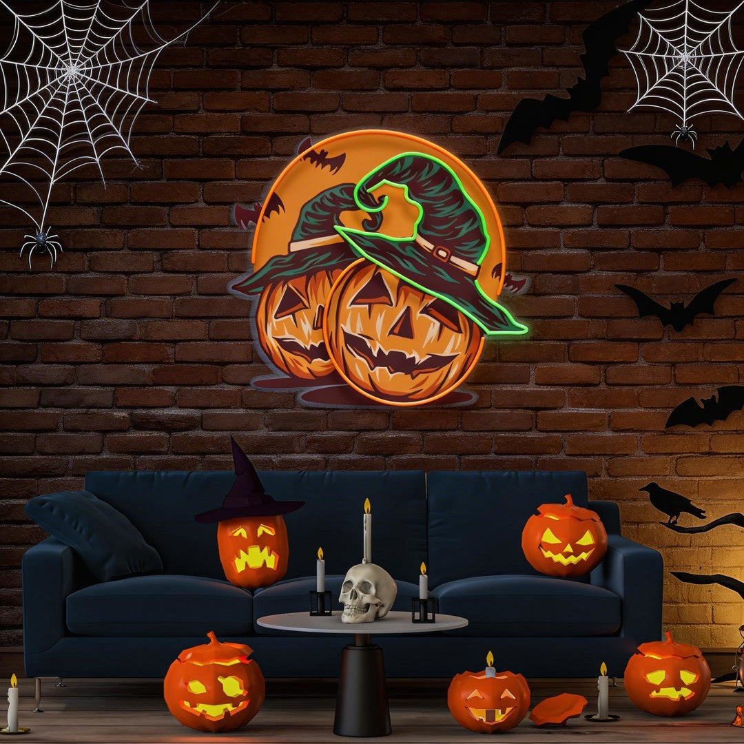 Halloween Pumpkin And Red Moon Artwork Led Neon Sign Light