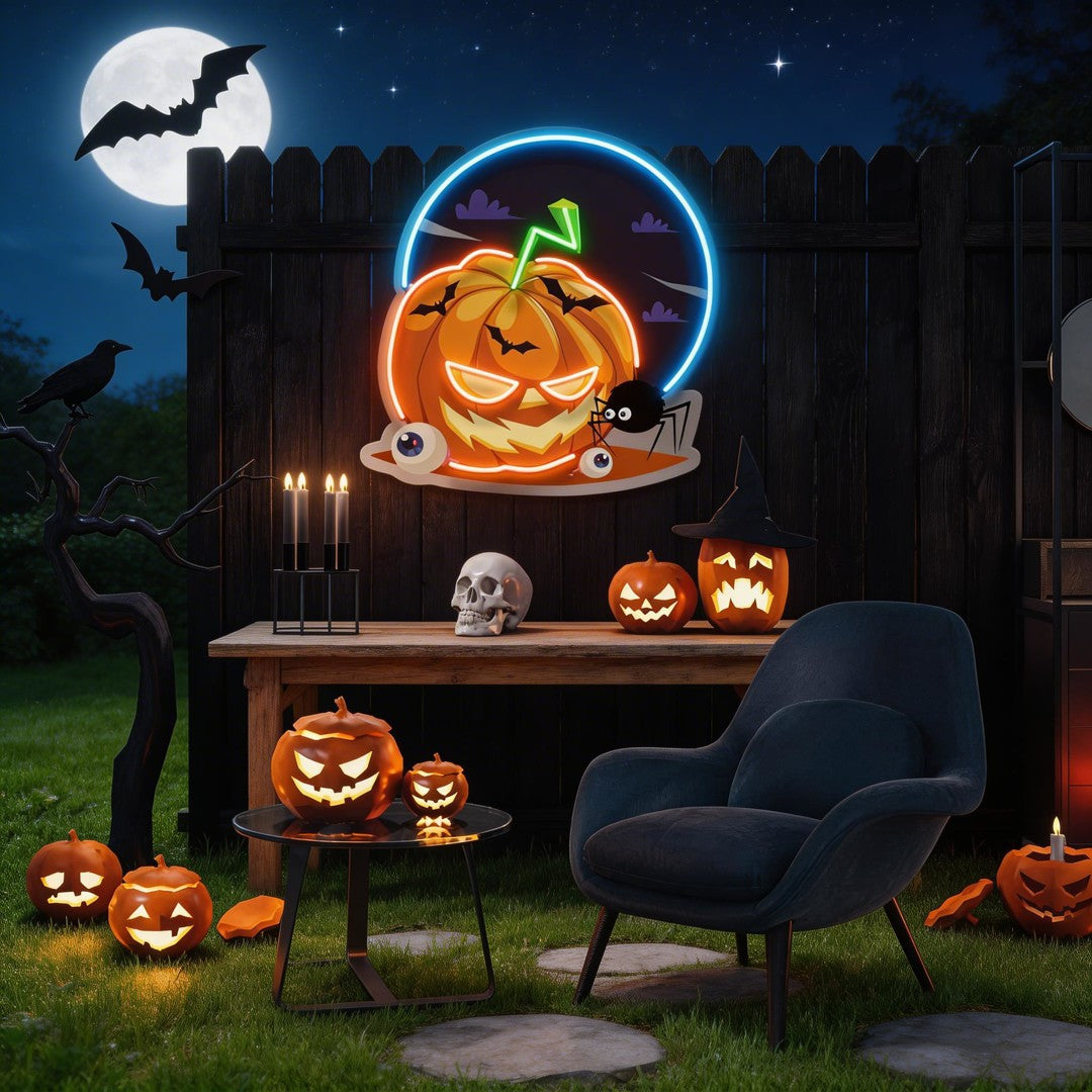 Halloween Pumpkin And Spider With Moon Artwork Led Neon Sign Light