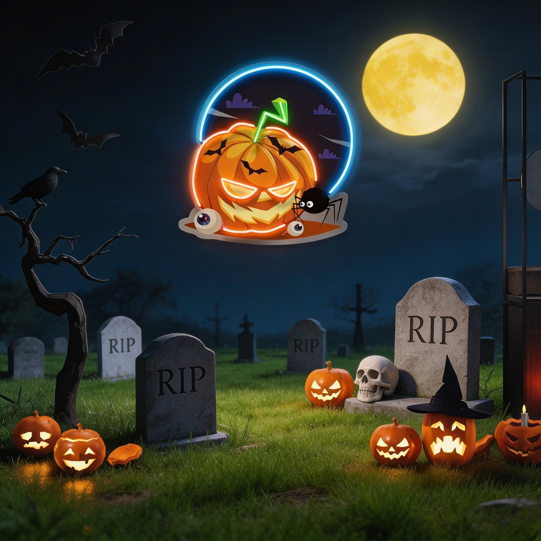 Halloween Pumpkin And Spider With Moon Artwork Led Neon Sign Light
