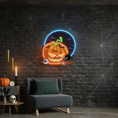 Halloween Pumpkin And Spider With Moon Artwork Led Neon Sign Light