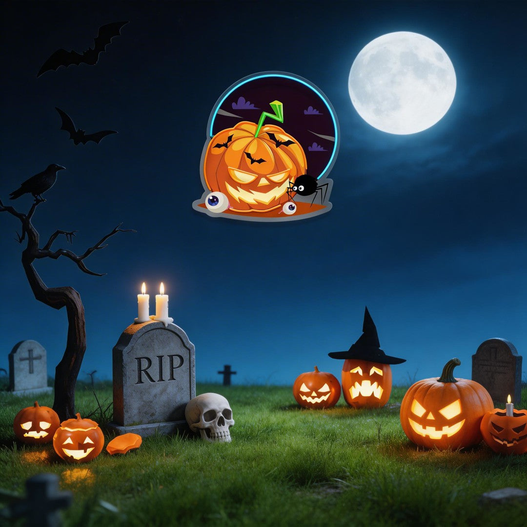 Halloween Pumpkin And Spider With Moon Artwork Led Neon Sign Light