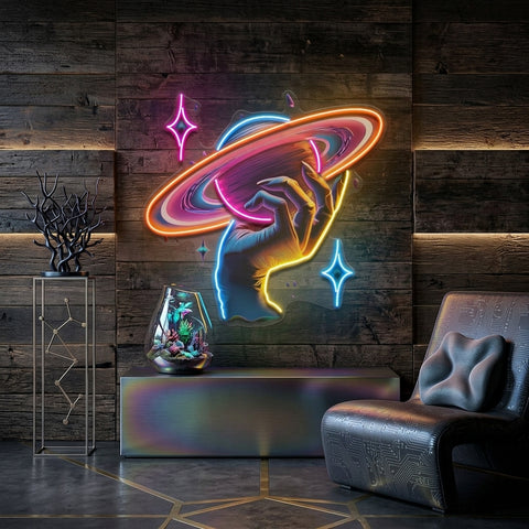 Hand Holding Saturn In Galaxy Art Style LED Neon Sign Light Pop Art