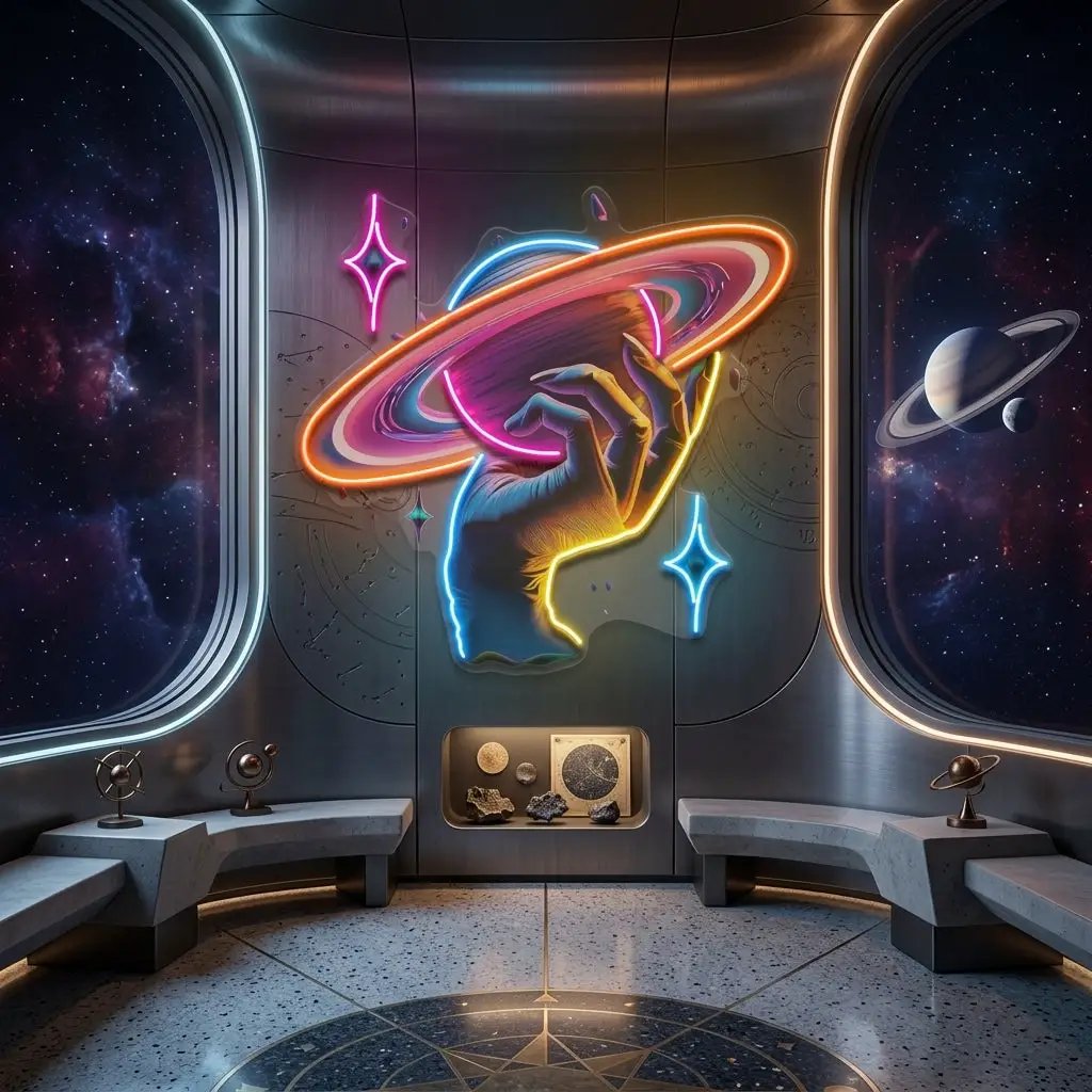Hand Holding Saturn In Galaxy Art Style LED Neon Sign Light Pop Art
