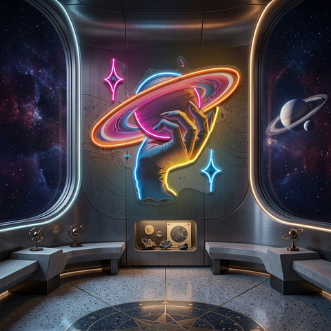 Hand Holding Saturn In Galaxy Art Style LED Neon Sign Light Pop Art