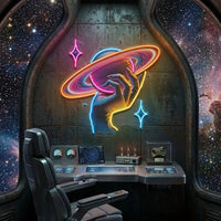 Hand Holding Saturn In Galaxy Art Style LED Neon Sign Light Pop Art