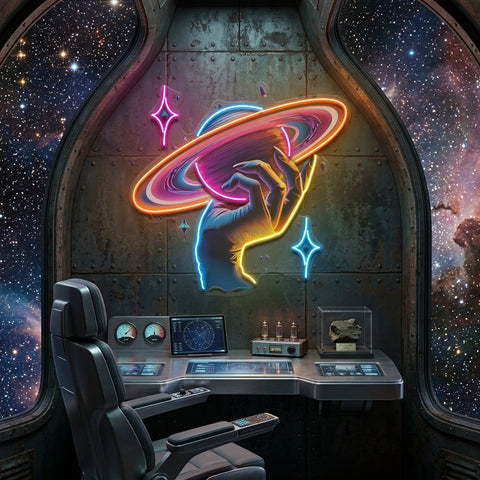 Hand Holding Saturn In Galaxy Art Style LED Neon Sign Light Pop Art