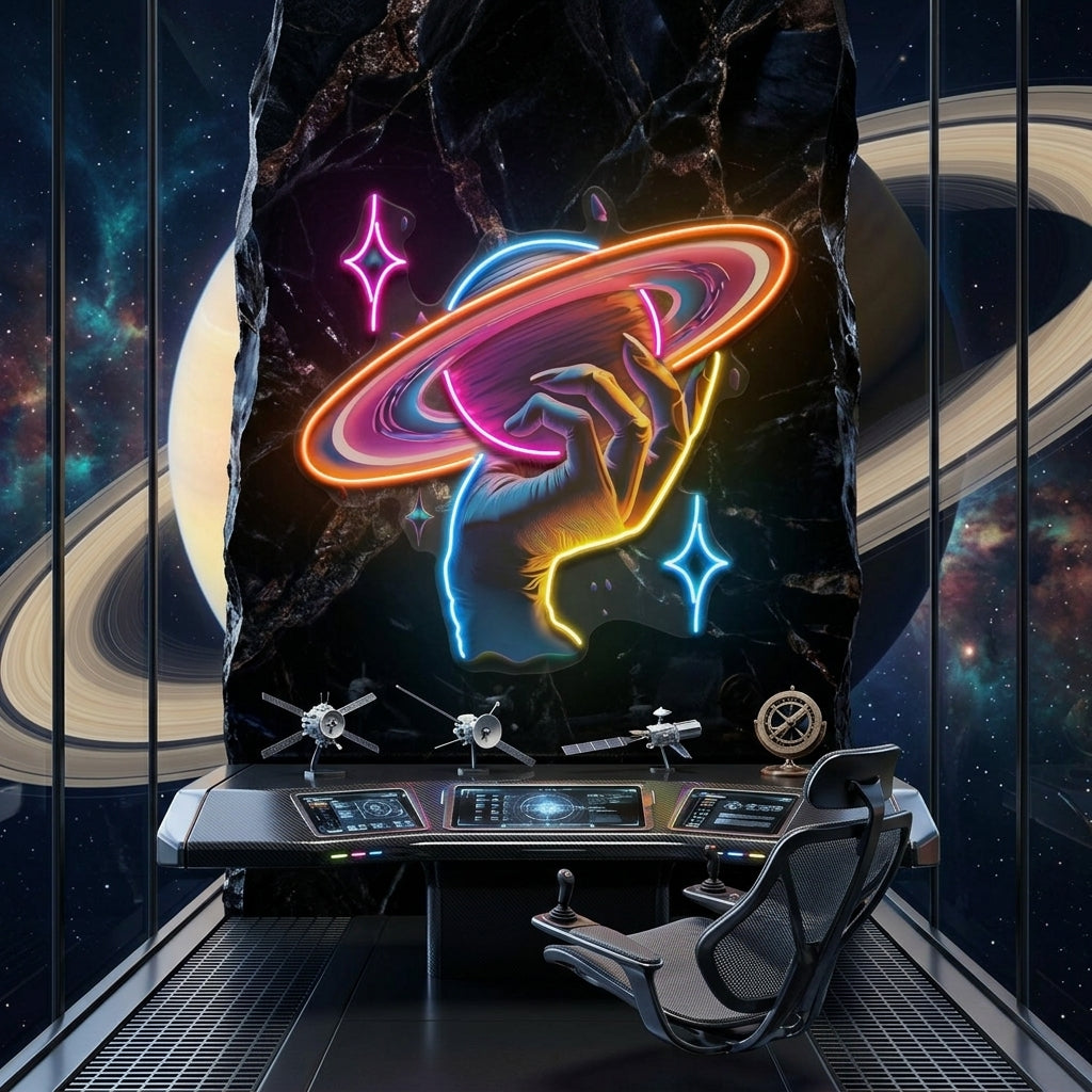 Hand Holding Saturn In Galaxy Art Style LED Neon Sign Light Pop Art