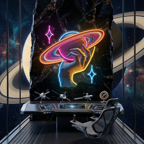 Hand Holding Saturn In Galaxy Art Style LED Neon Sign Light Pop Art