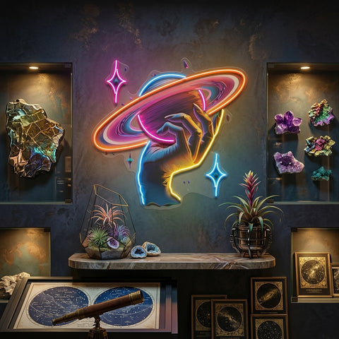 Hand Holding Saturn In Galaxy Art Style LED Neon Sign Light Pop Art