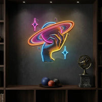 Hand Holding Saturn In Galaxy Art Style LED Neon Sign Light Pop Art