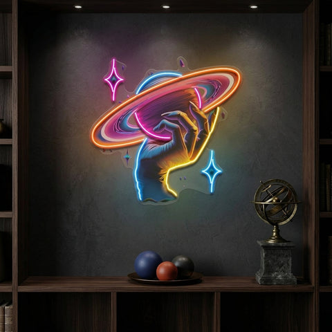 Hand Holding Saturn In Galaxy Art Style LED Neon Sign Light Pop Art