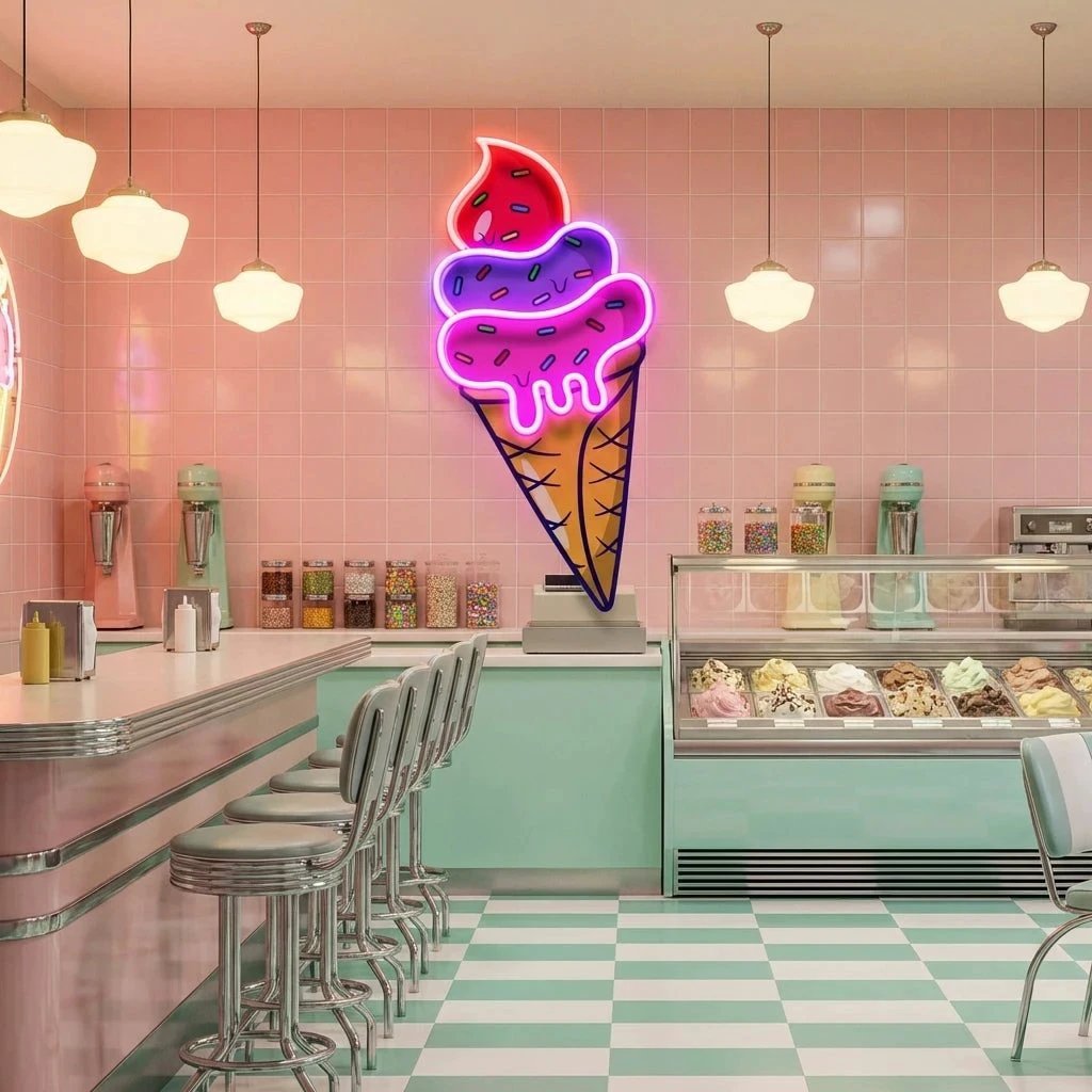 Ice Cream Cone Cartoon Artwork Led Neon Sign Light