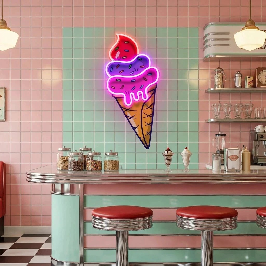 Ice Cream Cone Cartoon Artwork Led Neon Sign Light